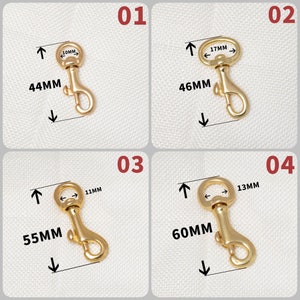 Puede incluir: Cuatro cierres de metal dorado de diferentes tamaños. Los cierres se muestran sobre un fondo blanco. Las medidas de cada cierre están etiquetadas en milímetros.