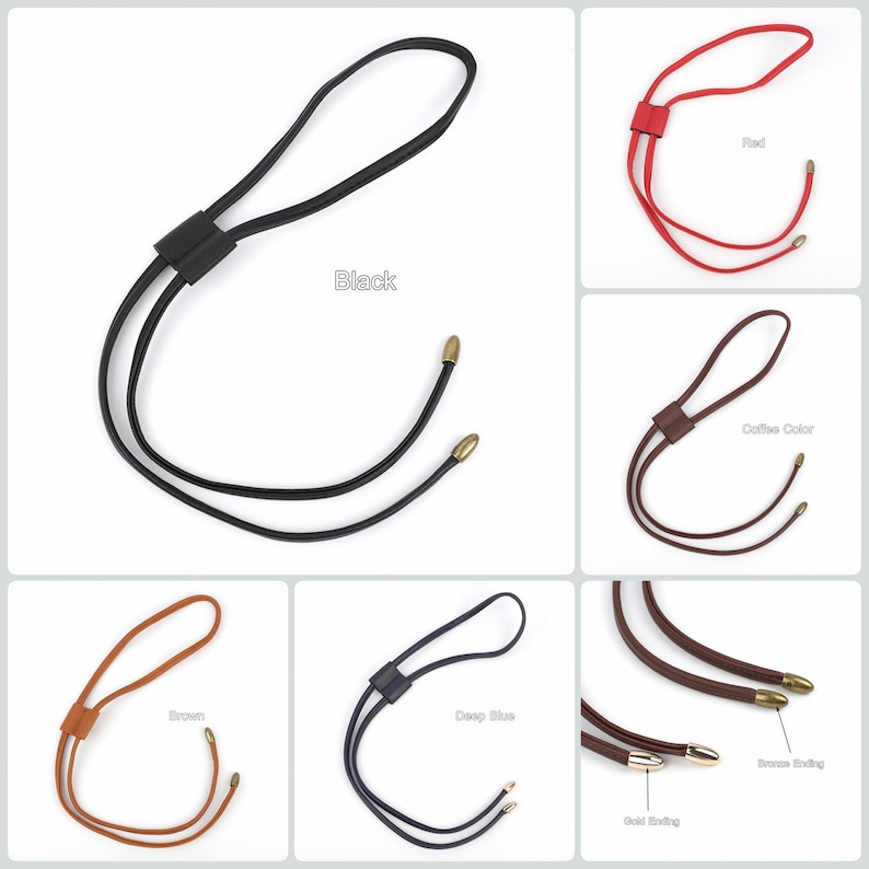 May include: A set of six leather cords with gold-toned ends. The cords are available in black, red, brown, coffee color, and deep blue. The cords are approximately 30 inches long.