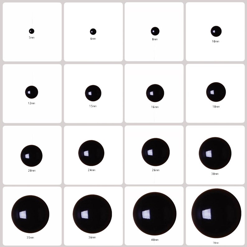 May include: A set of 12 black plastic eyes in various sizes, ranging from 5mm to 70mm. The eyes are arranged in four rows of three, with each row showing a progression of sizes.