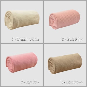 May include: Four rolled up fabric swatches in different colors: cream white, soft pink, light pink, and light brown. The swatches are labeled with numbers 5-8 and their corresponding color names.