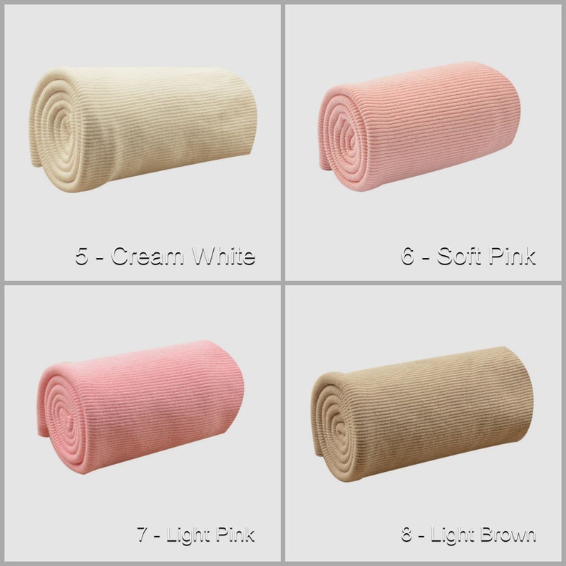 May include: Four rolled up fabric swatches in different colors: cream white, soft pink, light pink, and light brown. The swatches are labeled with numbers 5-8 and their corresponding color names.