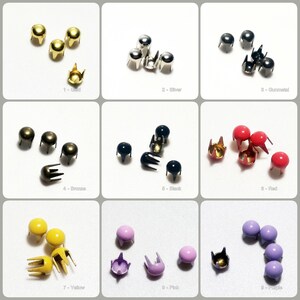 May include: Assortment of 9 colors of metal studs with 4 prongs. The colors are gold, silver, gunmetal, bronze, black, red, yellow, pink, and purple.
