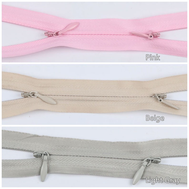 Pu&ograve; includere: Tre nastri per cerniera lampo in rosa, beige e grigio chiaro. Ogni nastro ha un cursore per cerniera lampo argentato con una piccola linguetta appuntita.