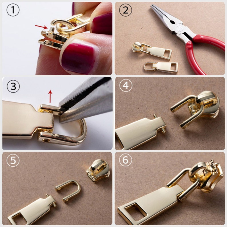 Zipper Pull Replacement, Zip Puller Tap Slider Pull, Handbag Zipper Repair Kit, 5 Zipper Head Pull-Tab Hardware Repair image 4