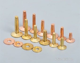 Rivets and Burrs for Leatherworking, Solid Brass/Copper Rivets and Washers, Screws Belt Stud Luggage Saddlers Fasteners Setting Tool(6 Size)
