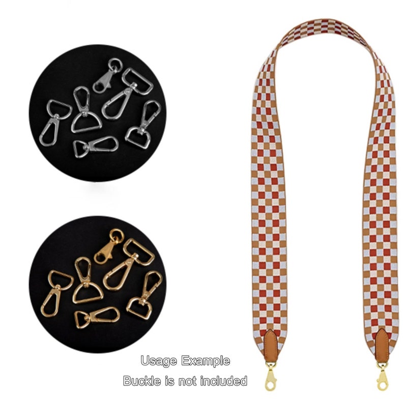 May include: Two sets of silver and gold swivel clasps, each set on a black background. A red and white checkered strap with gold swivel clasps on each end. The text "Usage Example" and "Buckle is not included" is below the image.