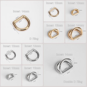 May include: A set of gold and silver D-rings and double D-rings in various sizes. The rings are shown with measurements in millimetres. The text "D Ring" and "Double D Ring" is also shown.