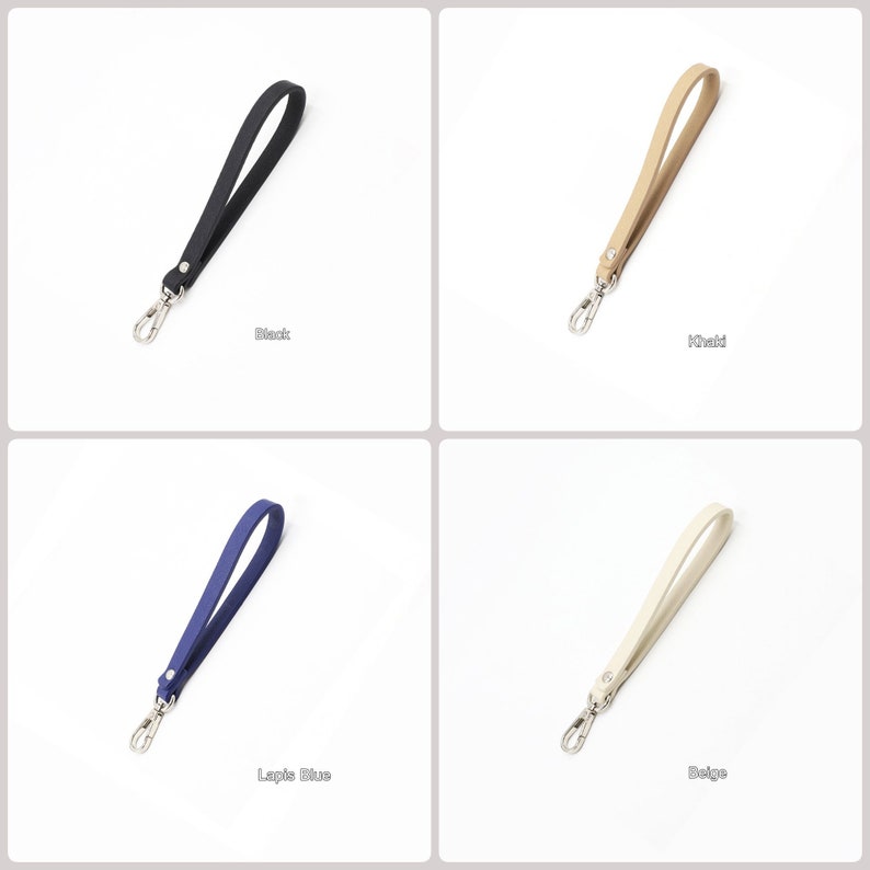 May include: Four leather wristlet straps in different colors: black, beige, light blue, and brown. Each strap has a silver swivel hook.