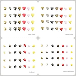 May include: Assortment of metal studs in heart, star, triangle, and round shapes. The studs are available in silver, gold, black, red, and white.