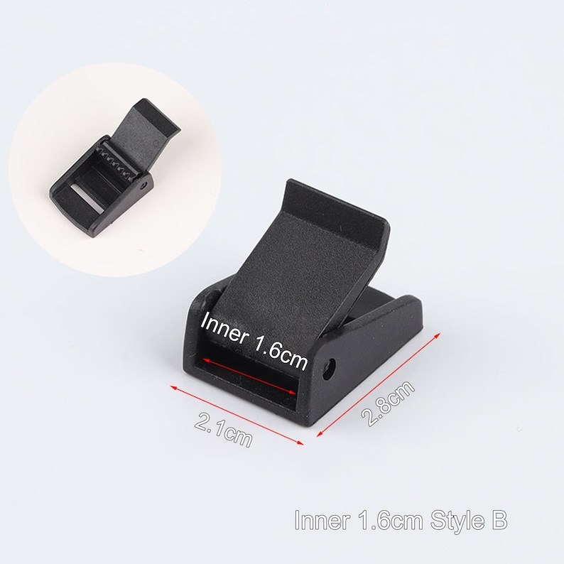 May include: Black plastic buckle with a 1.6 cm inner width. The buckle measures 2.1 cm wide, 2.8 cm long, and has a "Inner 1.6cm Style B" label.