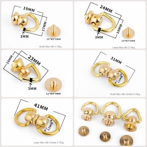 Op de afbeelding: Vier goudkleurige metalen D-ring draaibevestigingen in verschillende maten en stijlen. De draaibevestigingen worden getoond met hun bijbehorende schroefbevestigingen. De maten zijn 19 mm, 24 mm, 23 mm, 31 mm en 41 mm.