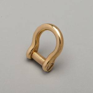 May include: A gold-colored shackle, a U-shaped metal fastener with a pin closure. The shackle is made of a shiny, solid metal and is designed for connecting ropes, chains, or other hardware. The pin is secured with a screw.