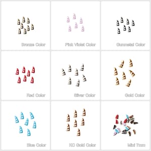 May include: Assortment of 10 small plastic buttons in various colors, including bronze, pink, gunmetal, red, silver, gold, blue, and a mix of colors. The buttons are shaped like a pointed triangle with two holes.