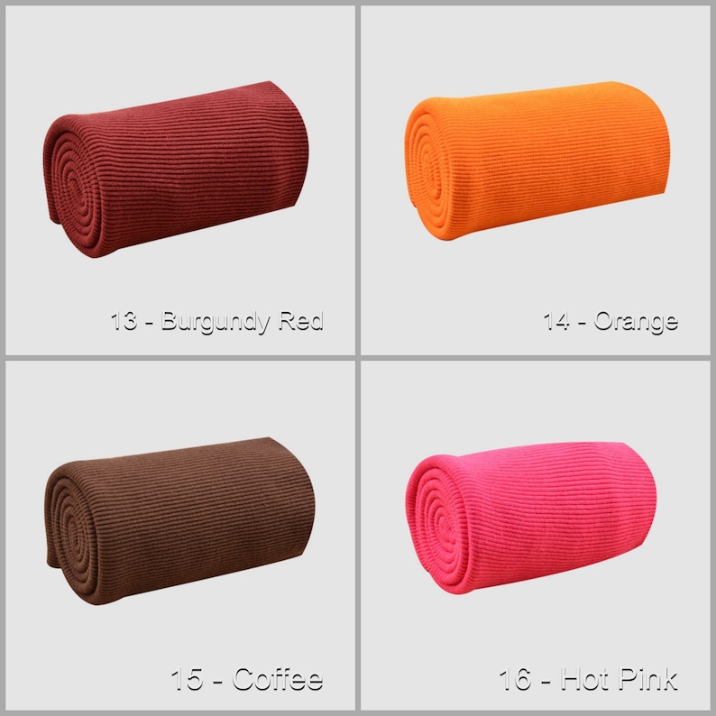 May include: Four rolls of ribbed knit fabric in different colors: burgundy red, orange, brown, and hot pink. The fabric is rolled up and the ends are visible. The fabric is labeled with numbers and color names: 13 - Burgundy Red, 14 - Orange, 15 - Coffee, 16 - Hot Pink.