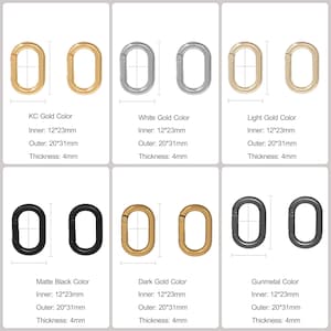 May include: Six different colored metal clasps, each with an inner diameter of 12*23mm and an outer diameter of 20*31mm. The clasps are shown in pairs, with each pair representing a different color: KC Gold, White Gold, Light Gold, Matte Black, Dark Gold, and Gunmetal.