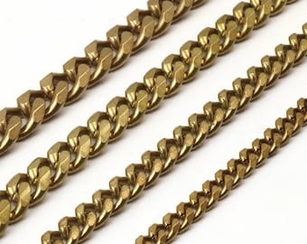 May include: Three gold-toned metal chains of different lengths and widths. The chains are made of interlocking links with a slightly rounded, diamond-shaped design.