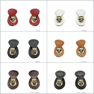 May include: Set of two leather strap buckles in six colours: red, white, black, brown, light coffee, and dark coffee. Each buckle has a gold-toned metal clasp.