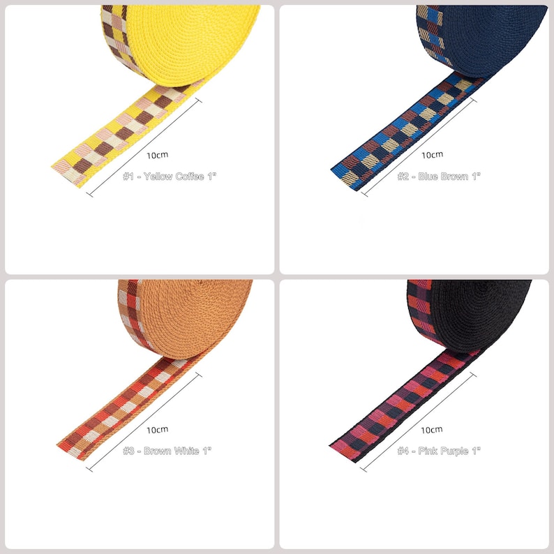 May include: Four different 1-inch wide patterned webbing straps, each 10 inches long. The straps are yellow with brown, blue with brown, brown with white, and black with pink.