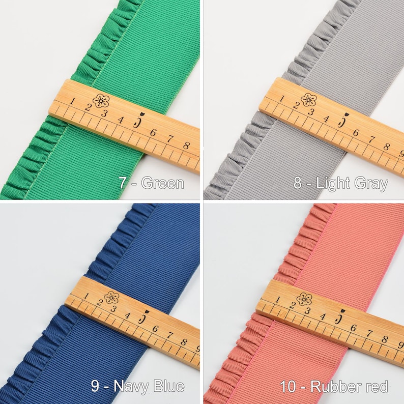 May include: Four different colors of ruffled ribbon with a wooden ruler measuring 9 inches. The colors are green, light gray, navy blue, and rubber red.