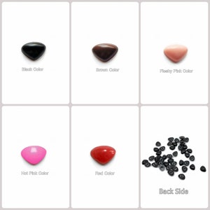 May include: Assortment of plastic safety eyes in various colors, including black, brown, fleshy pink, hot pink, and red. The back side of the eyes are shown in a separate image.