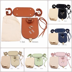May include: Five sets of leather bag making supplies. Each set includes a brown, black, deep blue, gold, or pink leather bag bottom, a matching leather bag top, a strap, and hardware. The text "1 Set" is printed below each set.