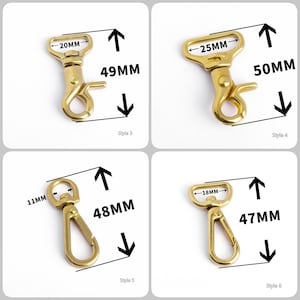 May include: Four brass-colored swivel snap hooks in different styles. Style 3 is 49mm long, Style 4 is 50mm long, Style 5 is 48mm long, and Style 6 is 47mm long. Each hook has different dimensions for the opening.
