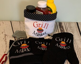 Grill Master Kitchen Set, Grill Master Towel Set, Embroidered Kitchen Set, Summer Kitchen Set, Hostess Gift, Housewarming Gift, Father Gift