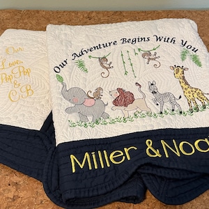 Zoo Animals Baby Quilt,Embroidered Baby Quilt, Personalized Baby Quilt Blanket, Monogrammed Baby Quilt, Personalized Baby Shower Gift, Crib