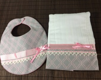 Pink and Grey Baby Bib and Burp Cloth Set, Baby Girl Gift Set, Baby Shower Gift, Girl Baby Shower Gift Set, Personalized Burp Cloth, Bib Set