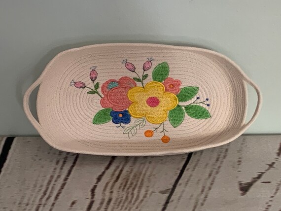 Embroidered Rope Bowl, Flower Rope Bowl, Rope Bowl, Embroidered Trivet,  Cotton Rope Bowl, Rope Basket, Gift, House Warming Gift 