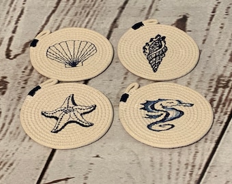 Embroidered Rope Coasters, Rope Coasters,  Rope Coaster Sets, Rope Coaster set of 4, Coaster Set with Bowl