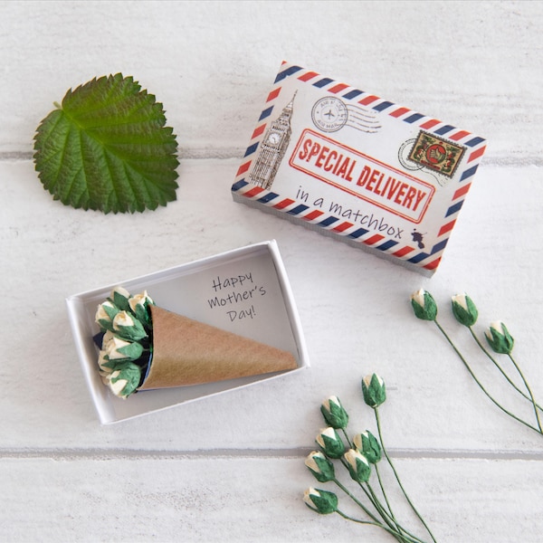 Tiny Paper Rose Bouquet in Matchbox - Mother's Day Gift, Miniature Flower Arrangement