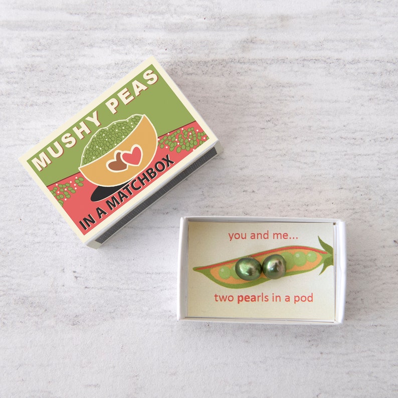 Mushy Peas In A Matchbox, Girlfriend Gift, Wife Gift, Best Friend Gift, Green Freshwater Pearls, Best Friend Card, Peas In A Pod image 2