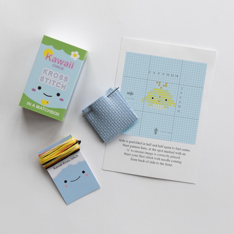 Kawaii Chick Mini Cross Stitch Kit, Best Friend Gift, Easter Gift, Gift For Kids, Kawaii Gift, Gift In A Matchbox image 3