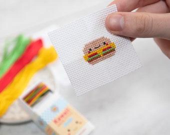 Kawaii Burger Mini Cross Stitch Kit, Kawaii Cross Stitch Kit, Gifts For Kids, Cute Modern Cross Stitch Kit, Best Friend Gift