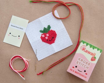 Kawaii Strawberry Mini Cross Stitch Kit, Kawaii Cross Stitch Kit, Gifts For Kids, Cute Modern Cross Stitch Kit, Best Friend Gift