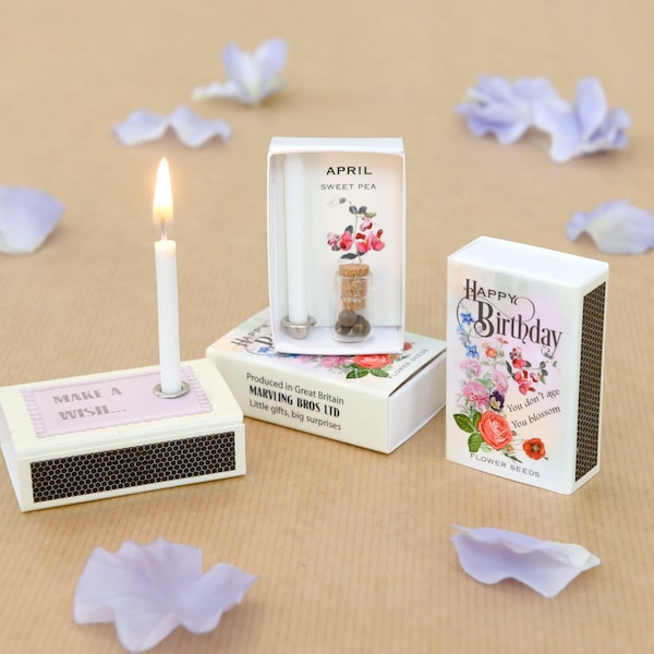 April Birth Flower Seeds In A Matchbox, Birthday Gifts For Her, Birthday Card For Her, Sweet Pea Birth Flower