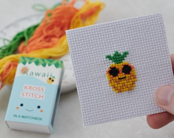 Kawaii Pineapple Cross Stitch Kit In A Matchbox, Modern Cross Stitch, Gift For Her, Pineapple Gift, Best Friend Gift