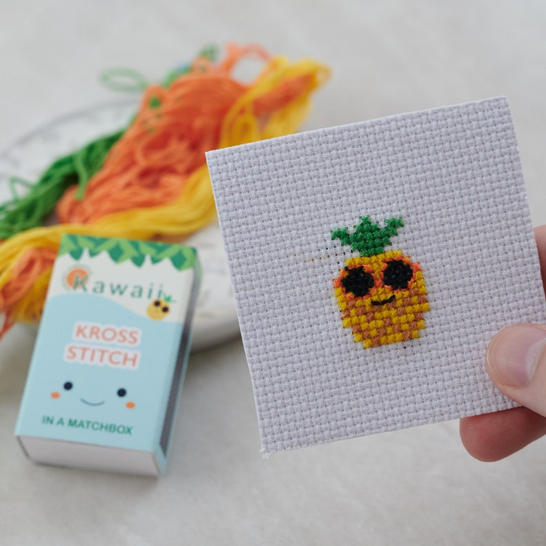 Kawaii Pineapple Cross Stitch Kit In A Matchbox, Modern Cross Stitch, Gift For Her, Pineapple Gift, Best Friend Gift image 1