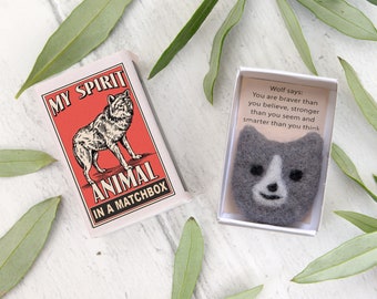 Wool Felt Wolf Spirit Animal Gift In A Matchbox, Best Friend Gift, Wolf Spirit Animal, Cute Wolf Gift