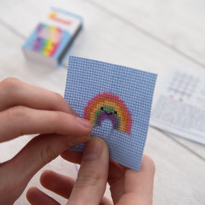 Kawaii Rainbow Mini Cross Stitch Kit, Best Friend Gift, Rainbow Gift, Gift For Kids, Kawaii Gift, Gift In A Matchbox