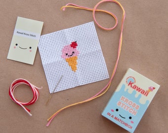 Kawaii Ice Cream Mini Cross Stitch Kit, Mini Cross Stitch Kit, Gifts For Kids, Cute Modern Cross Stitch Kit, Matchbox Gift