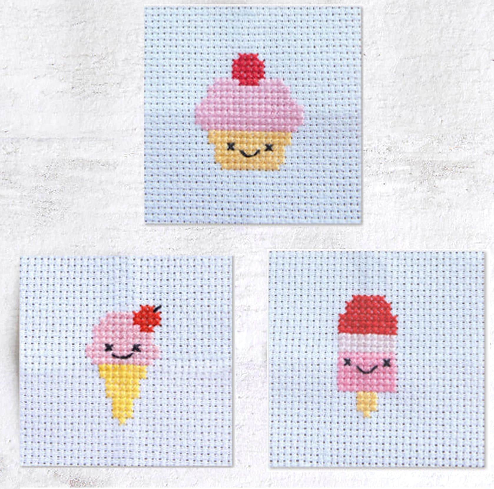 3 mini dulces kawaii, patrones de punto de cruz de helado, paleta y cupcakes, descarga digital