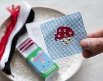 Kawaii Toadstool Mini Cross Stitch Kit, Best Friend Gift, Easter Gift, Gift For Kids, Kawaii Gift, Gift In A Matchbox