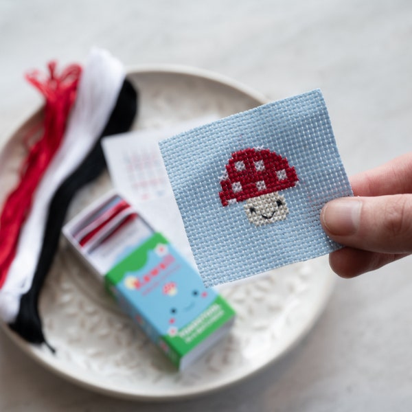 Kawaii Toadstool Mini Cross Stitch Kit, Best Friend Gift, Easter Gift, Gift For Kids, Kawaii Gift, Gift In A Matchbox