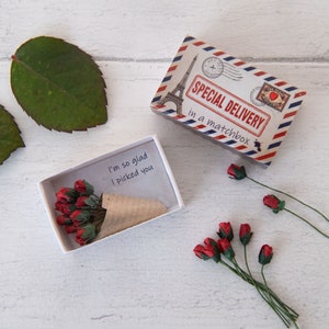 A Dozen Red Paper Roses Miniature Bouquet In A Matchbox, Valentines Gift For Her, Alternative Valentines Card, Love Token, Gift For Partner image 6