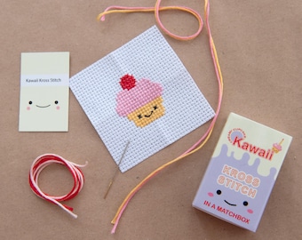 Kawaii Cup Cake Mini Cross Stitch Kit, Kawaii Cross Stitch Kit, Gifts For Kids, Cute Modern Cross Stitch Kit, Matchbox Gift