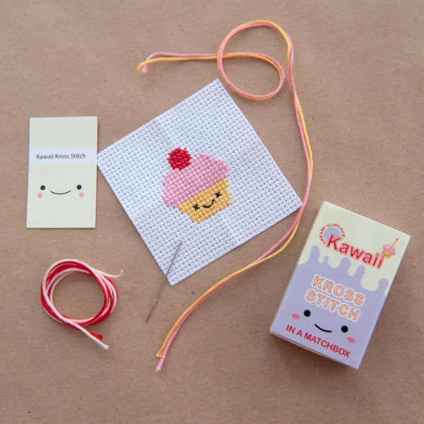 Kawaii Cup Cake Mini Cross Stitch Kit, Kawaii Cross Stitch Kit, Gifts For Kids, Cute Modern Cross Stitch Kit, Matchbox Gift