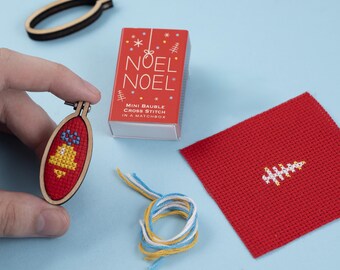 Make Your Own Christmas Bauble  Noel Cross Stitch Kit In A Matchbox, Christmas Cross Stitch, Secret Santa Gift