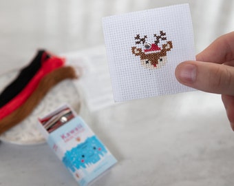 Kawaii Christmas Deer Mini Cross Stitch Kit, Christmas Cross Stitch, Stocking Filler For Her, Secret Santa, Best Friend Gift